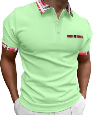 Men's Golf Polo Shirts Fashion Checked Collared Dressy Smart T-Shirts Quick Dry Performance Pique Jersey Shirt Top