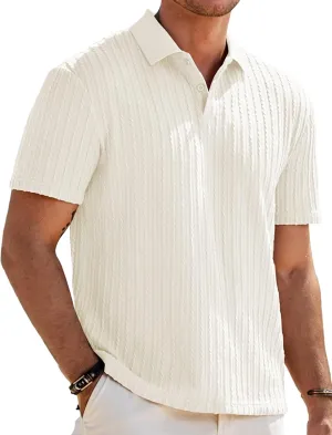 Mens Knit Polo Shirts Short Sleeve Button Down Texture Polo T Shirts Casual Golf Polo Collared Shirts