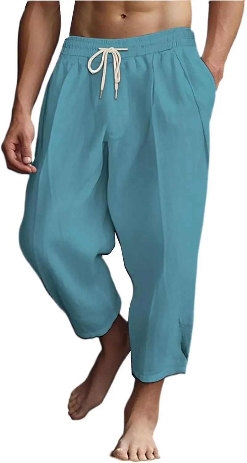 Men's Lightweight Cotton Linen Harem Pants Drawstring Casual Cropped Trousers with Pockets for Beach Yoga Relaxed Wear