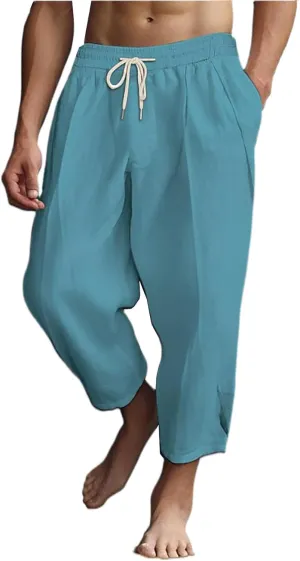 Men's Lightweight Cotton Linen Harem Pants Drawstring Casual Cropped Trousers with Pockets for Beach Yoga Relaxed Wear