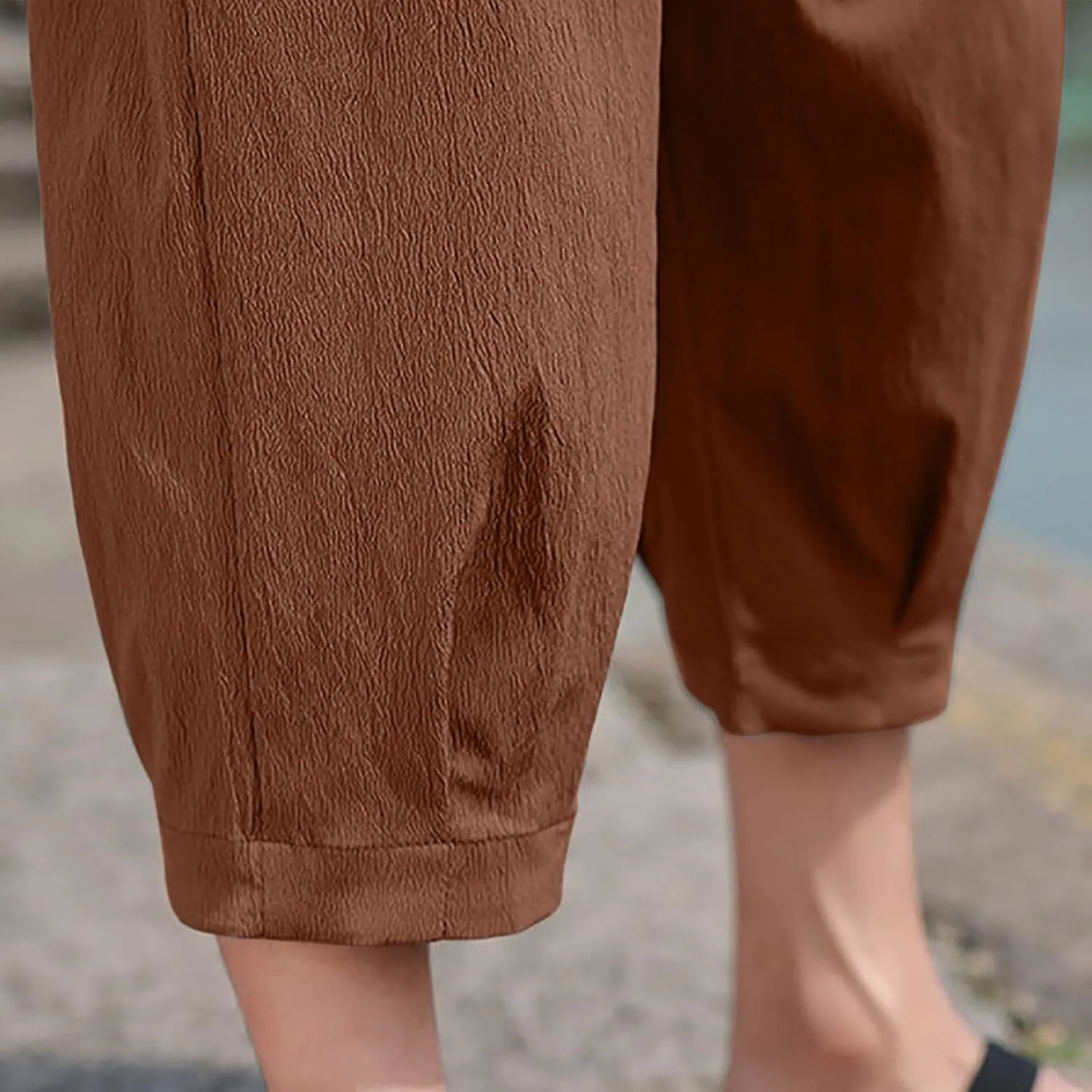 Mens Linen Cropped Trousers Hippie Harem Pants 3/4 Length Pants Elasticated Waist Trouser Shorts Baggy Beach Pants