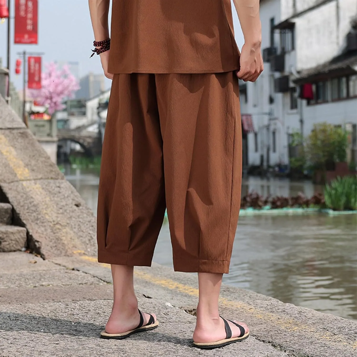 Mens Linen Cropped Trousers Hippie Harem Pants 3/4 Length Pants Elasticated Waist Trouser Shorts Baggy Beach Pants