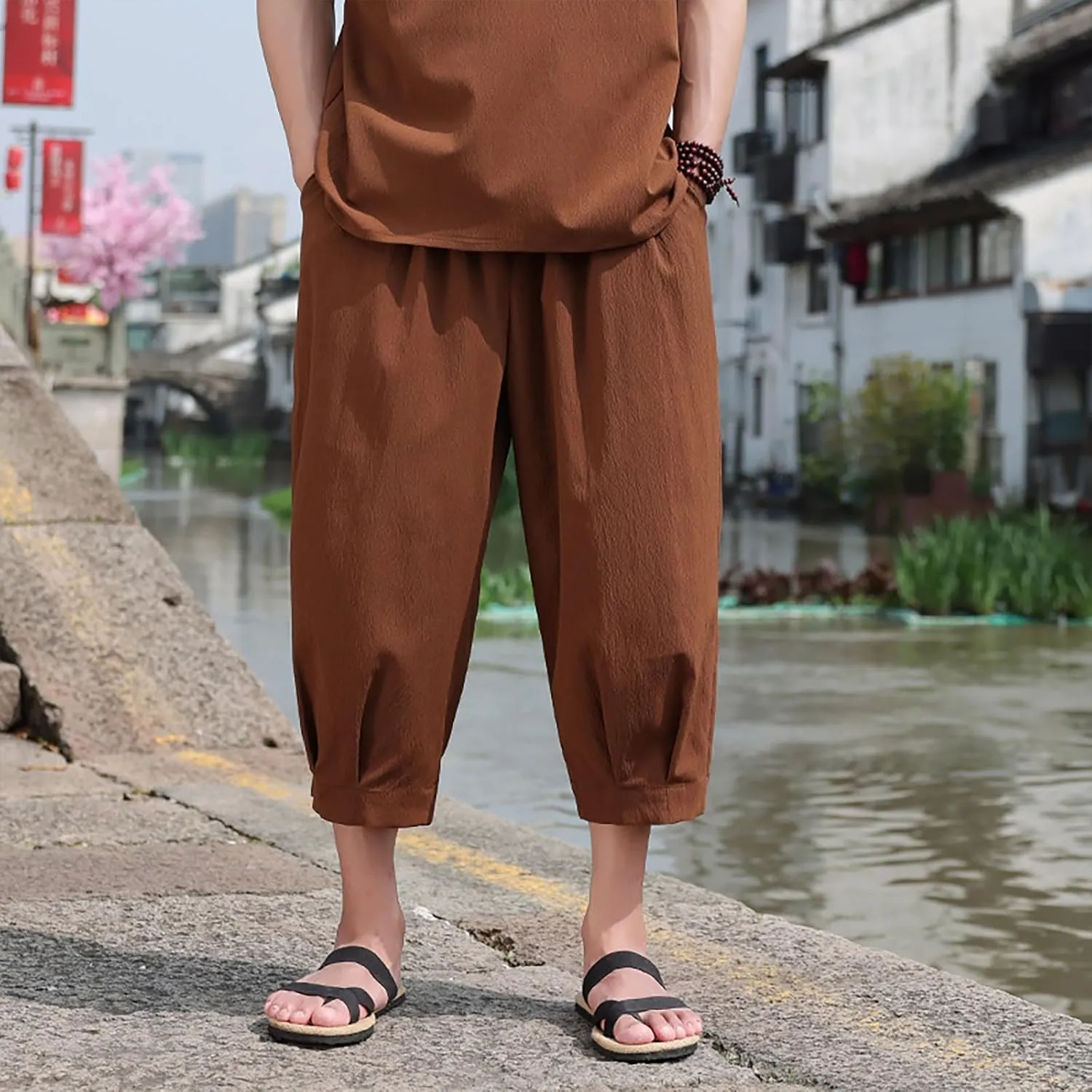 Mens Linen Cropped Trousers Hippie Harem Pants 3/4 Length Pants Elasticated Waist Trouser Shorts Baggy Beach Pants
