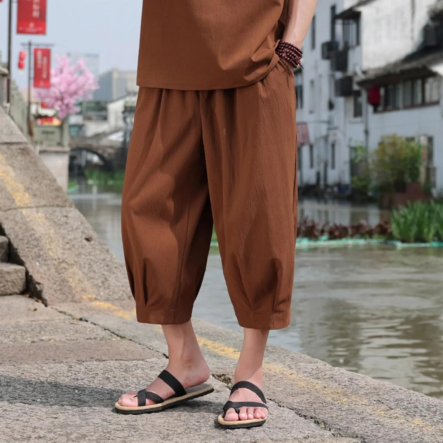 Mens Linen Cropped Trousers Hippie Harem Pants 3/4 Length Pants Elasticated Waist Trouser Shorts Baggy Beach Pants