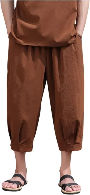 Mens Linen Cropped Trousers Hippie Harem Pants 3/4 Length Pants Elasticated Waist Trouser Shorts Baggy Beach Pants