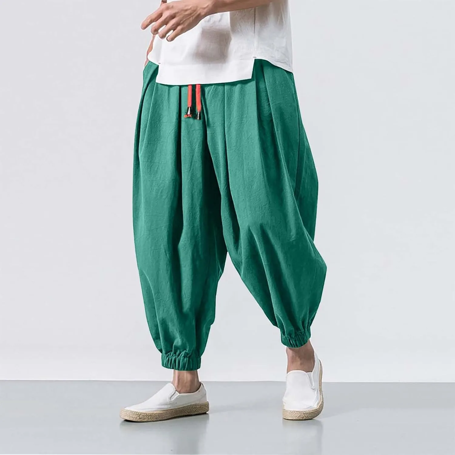 Mens Linen Hippie Hip Hop Harem Pants Loose Fit Beach Yoga Drop Crotch Trousers Elastic Waist Baggy Taiji Quinn Pants
