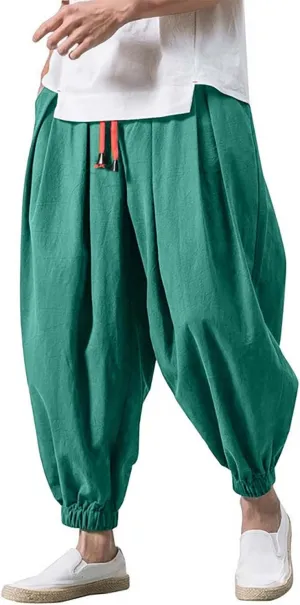 Mens Linen Hippie Hip Hop Harem Pants Loose Fit Beach Yoga Drop Crotch Trousers Elastic Waist Baggy Taiji Quinn Pants