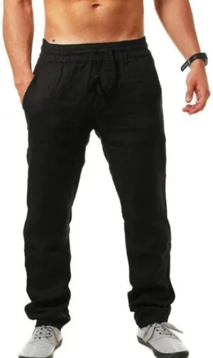 Men's Linen Pants Casual Pants Summer Beach Trousers Drawstring Yoga Pants Loose Fit Elastic Waist Pants