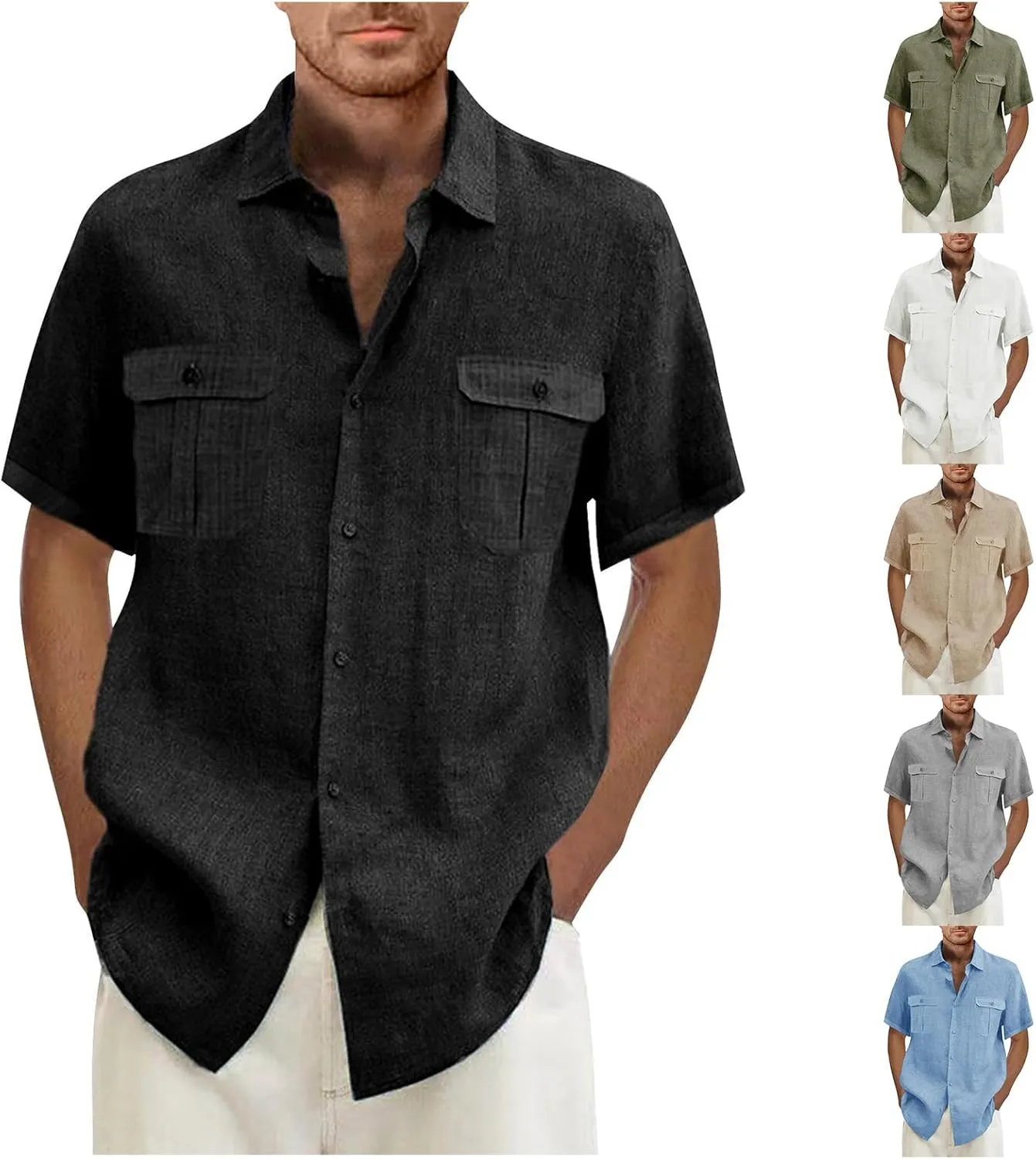 Men's Linen Shirts Double-Pocket Sport Shirt Short Sleeve Casual Shirts Button Down Shirt Beach Summer Vacation Shirts