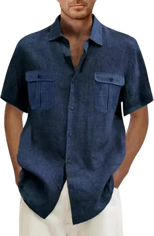 Men's Linen Shirts Double-Pocket Sport Shirt Short Sleeve Casual Shirts Button Down Shirt Beach Summer Vacation Shirts