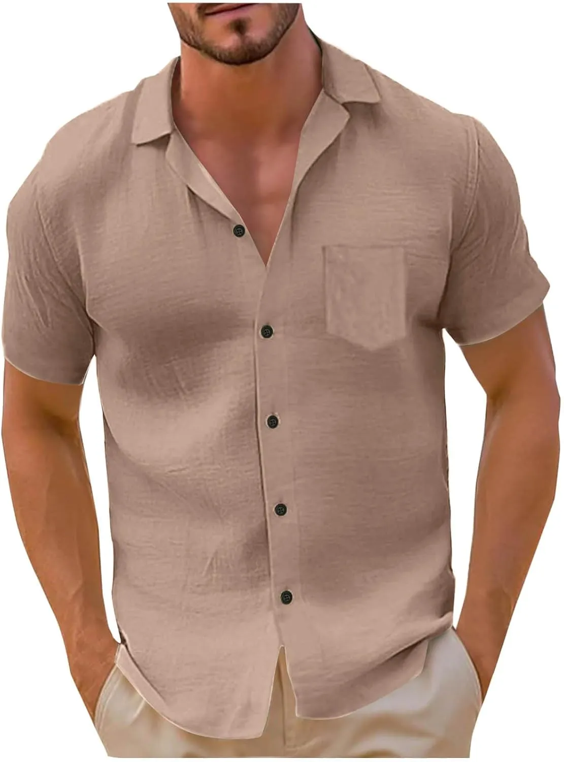 Men's Linen Shirts Short Sleeve Casual Shirts Solid Button Down Shirts Vacation Beach Summer Tops with Pocket