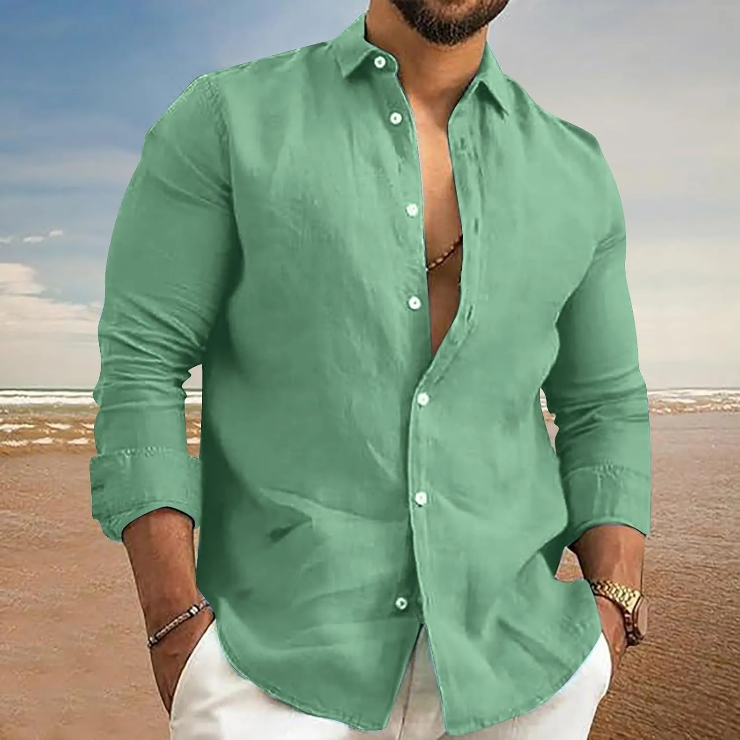 Men's Linen Shirts Slim Fit Long Sleeve Beach Hawaiian Shirts Business Casual Collared Button Down Work Shirts
