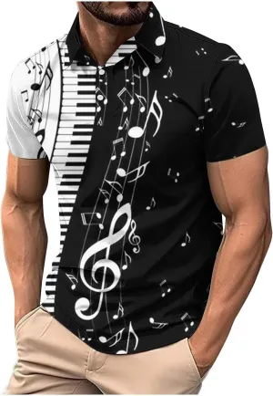 Men's Musical Notes 3D Print T Shirts Casual Slim Fit Short Sleeve Golf Polo Shirts Music Gifts for Adult, Large