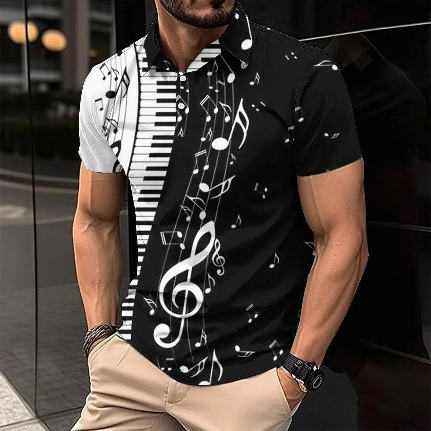 Men's Musical Notes 3D Print T Shirts Casual Slim Fit Short Sleeve Golf Polo Shirts Music Gifts for Adult, Large
