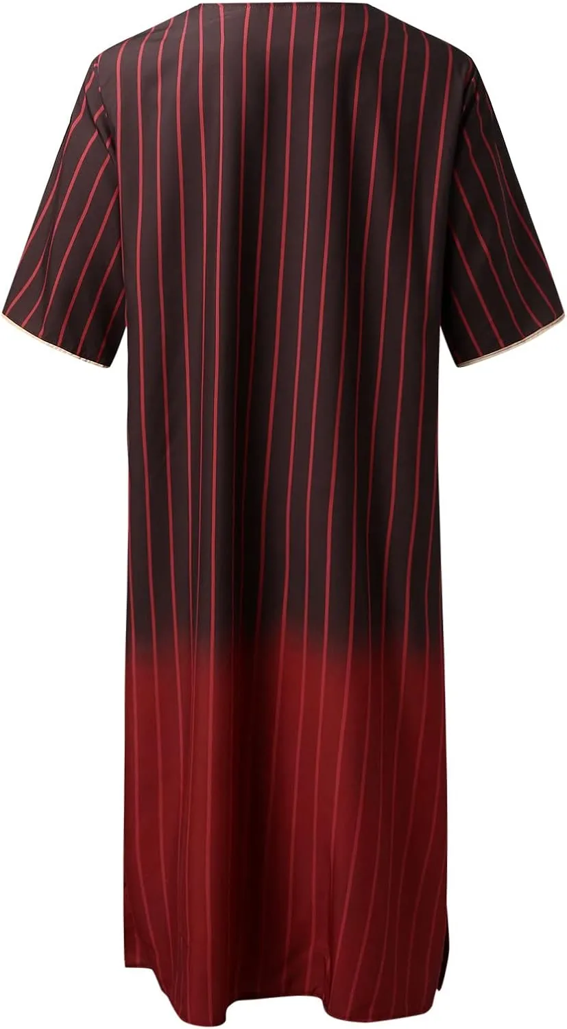 Men's Muslim Kaftan Thobe Long Sleeves Linen Robe Arabic Prayer Eid Clothes V Neck Long Night Gown Shirt Loungewear
