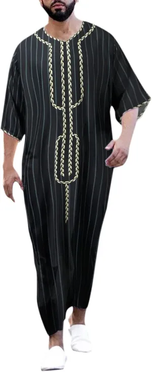 Men's Muslim Kaftan Thobe Long Sleeves Linen Robe Arabic Prayer Eid Clothes V Neck Long Night Gown Shirt Loungewear