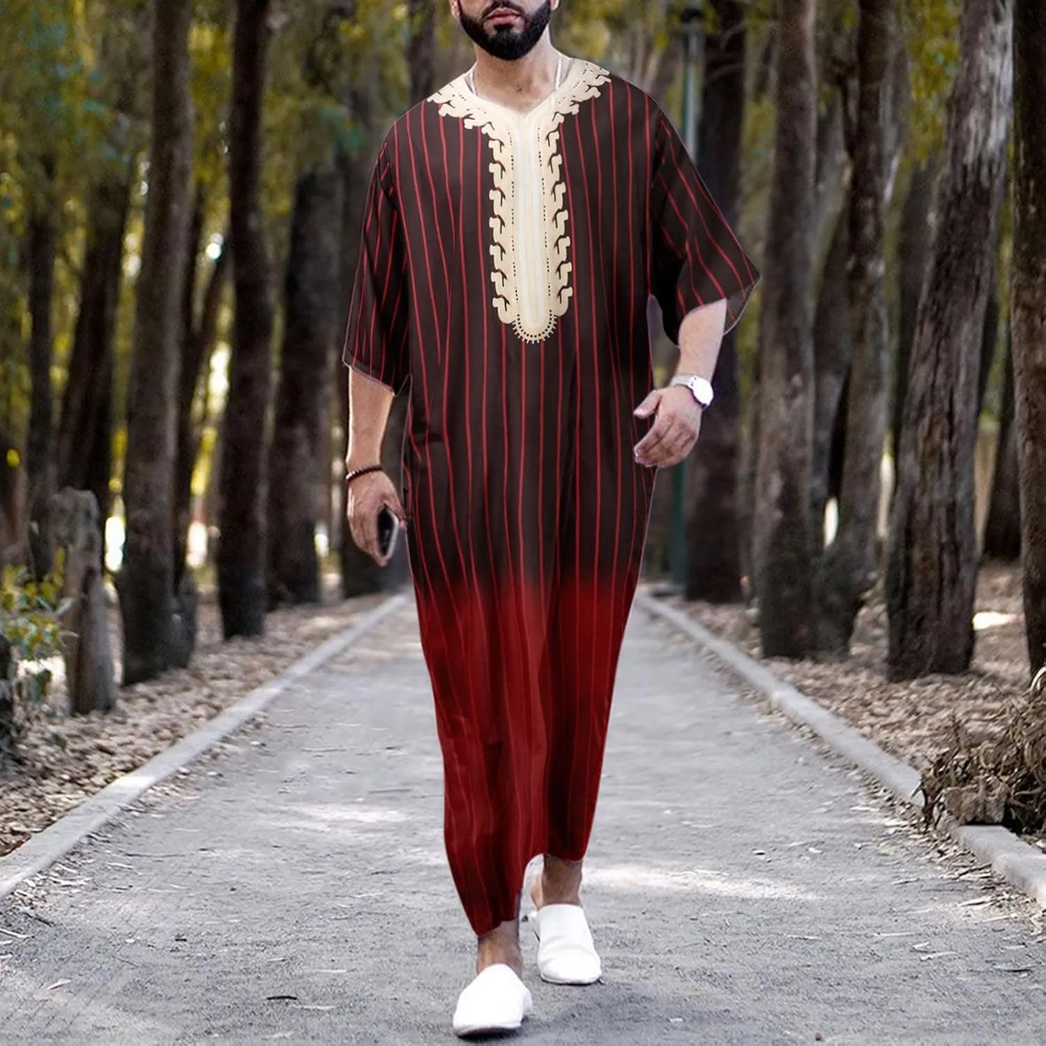 Men's Muslim Kaftan Thobe Long Sleeves Linen Robe Arabic Prayer Eid Clothes V Neck Long Night Gown Shirt Loungewear