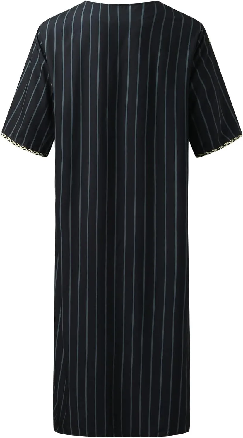 Men's Muslim Kaftan Thobe Long Sleeves Linen Robe Arabic Prayer Eid Clothes V Neck Long Night Gown Shirt Loungewear