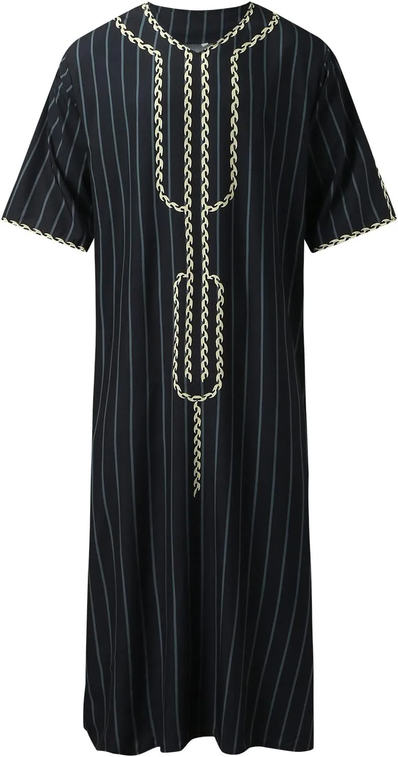 Men's Muslim Kaftan Thobe Long Sleeves Linen Robe Arabic Prayer Eid Clothes V Neck Long Night Gown Shirt Loungewear
