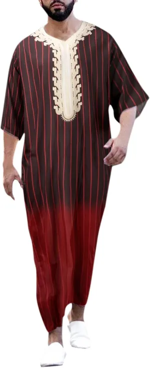 Men's Muslim Kaftan Thobe Long Sleeves Linen Robe Arabic Prayer Eid Clothes V Neck Long Night Gown Shirt Loungewear