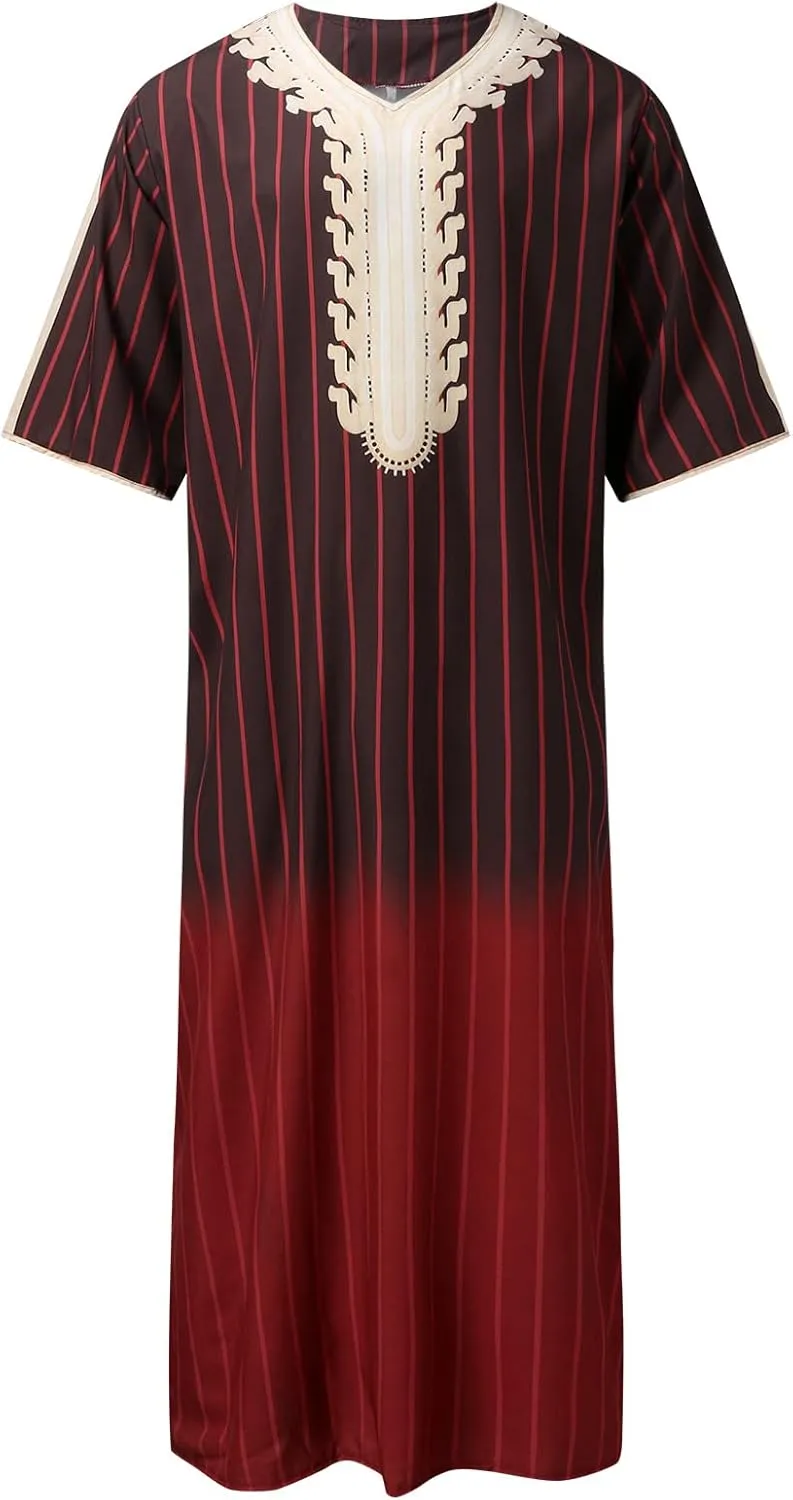 Men's Muslim Kaftan Thobe Long Sleeves Linen Robe Arabic Prayer Eid Clothes V Neck Long Night Gown Shirt Loungewear