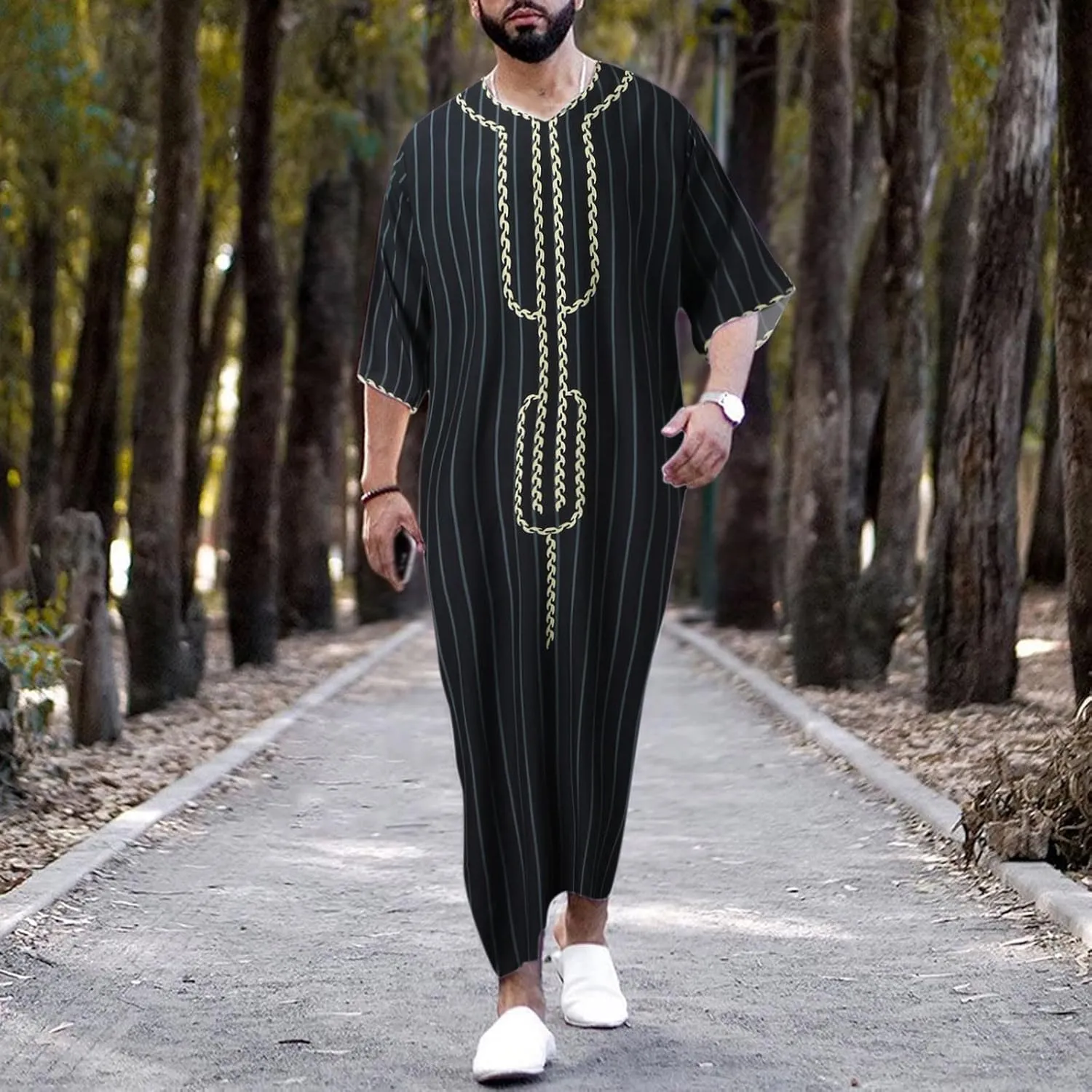Men's Muslim Kaftan Thobe Long Sleeves Linen Robe Arabic Prayer Eid Clothes V Neck Long Night Gown Shirt Loungewear