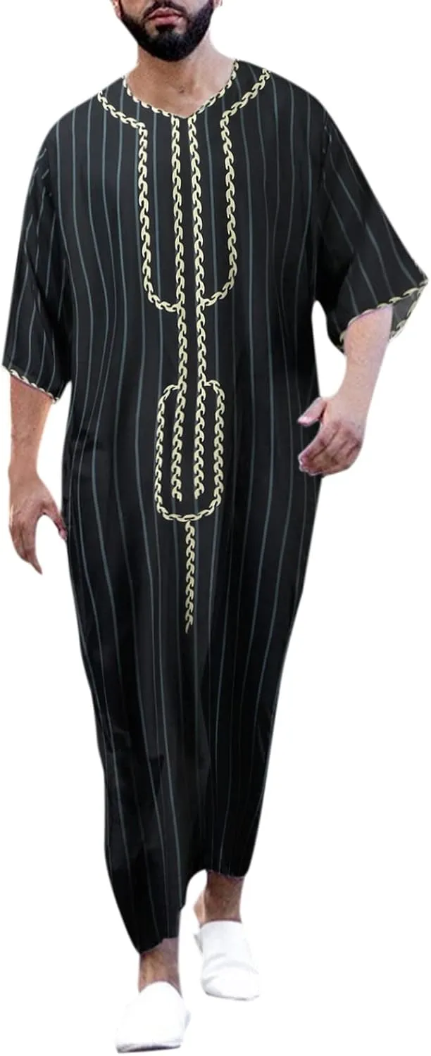 Men's Muslim Kaftan Thobe Long Sleeves Linen Robe Arabic Prayer Eid Clothes V Neck Long Night Gown Shirt Loungewear