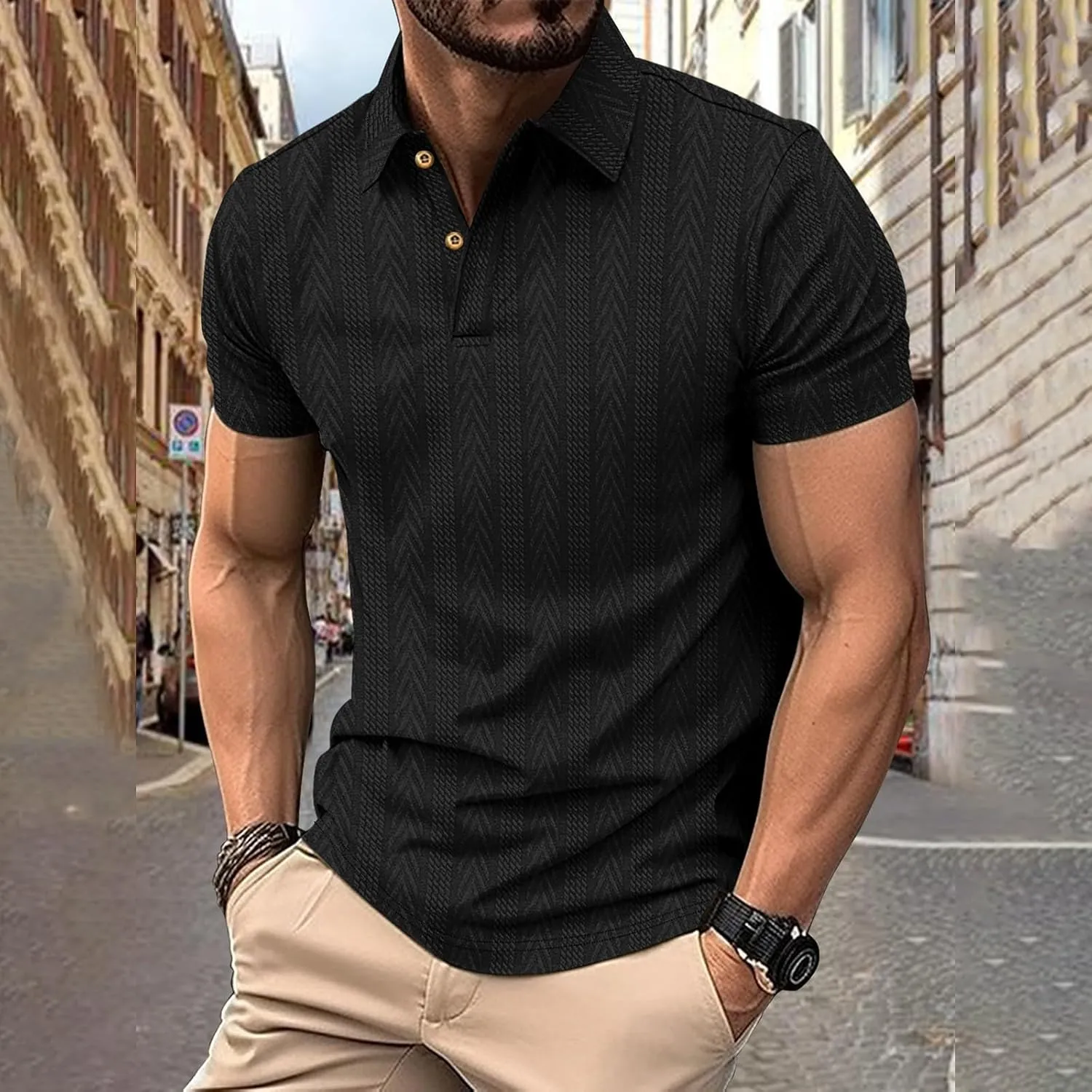 Mens Polo Shirts Short Sleeve Striped Textured Knit Button Casual Golf T-Shirts Stretch Loose Moisture Wicking Tee Top