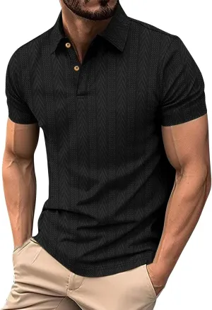 Mens Polo Shirts Short Sleeve Striped Textured Knit Button Casual Golf T-Shirts Stretch Loose Moisture Wicking Tee Top