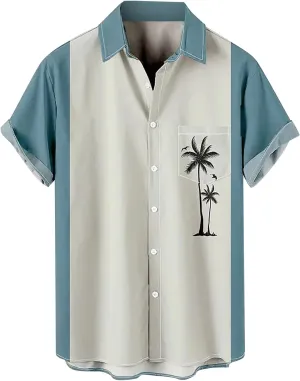 Men's Short Sleeve Button Up Hawaiian Shirt Coconut Printed 1950s Vintage Bowling Shirts Summer Beach Casual Shirts