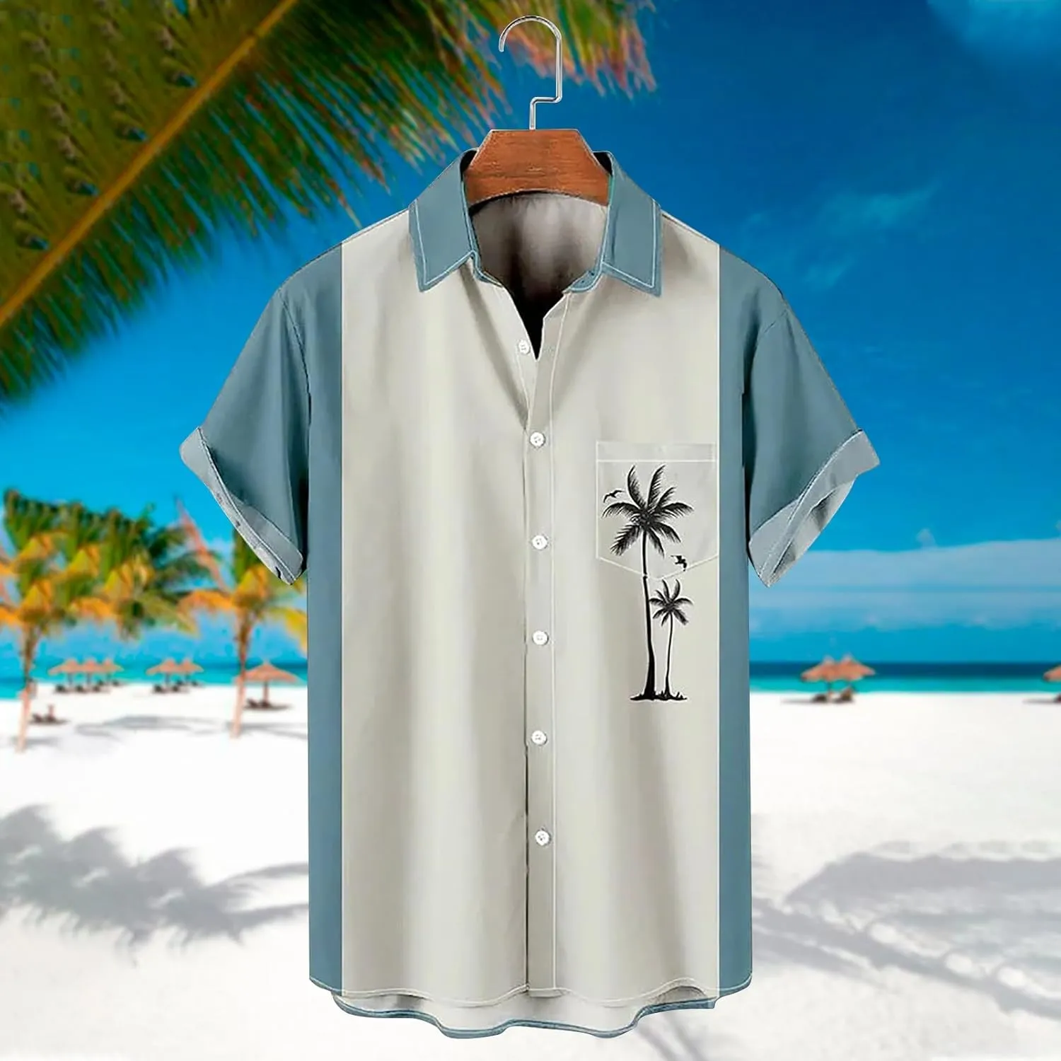 Men's Short Sleeve Button Up Hawaiian Shirt Coconut Printed 1950s Vintage Bowling Shirts Summer Beach Casual Shirts