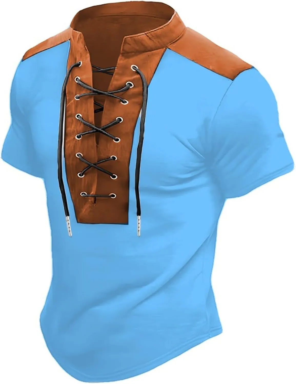 Mens Short Sleeve Polo T-Shirts Retro Steampunk Lace-up V Neck Shirt Athletic Patchwork Lightweight Pullover Tee Top