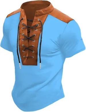 Mens Short Sleeve Polo T-Shirts Retro Steampunk Lace-up V Neck Shirt Athletic Patchwork Lightweight Pullover Tee Top