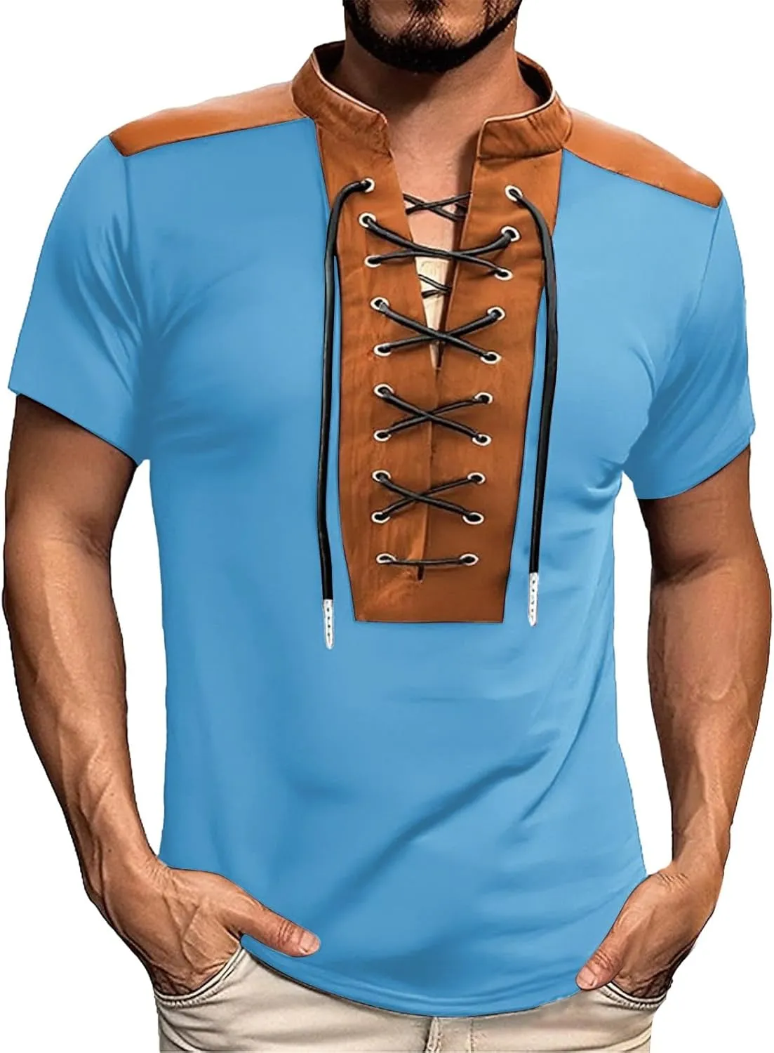 Mens Short Sleeve Polo T-Shirts Retro Steampunk Lace-up V Neck Shirt Athletic Patchwork Lightweight Pullover Tee Top