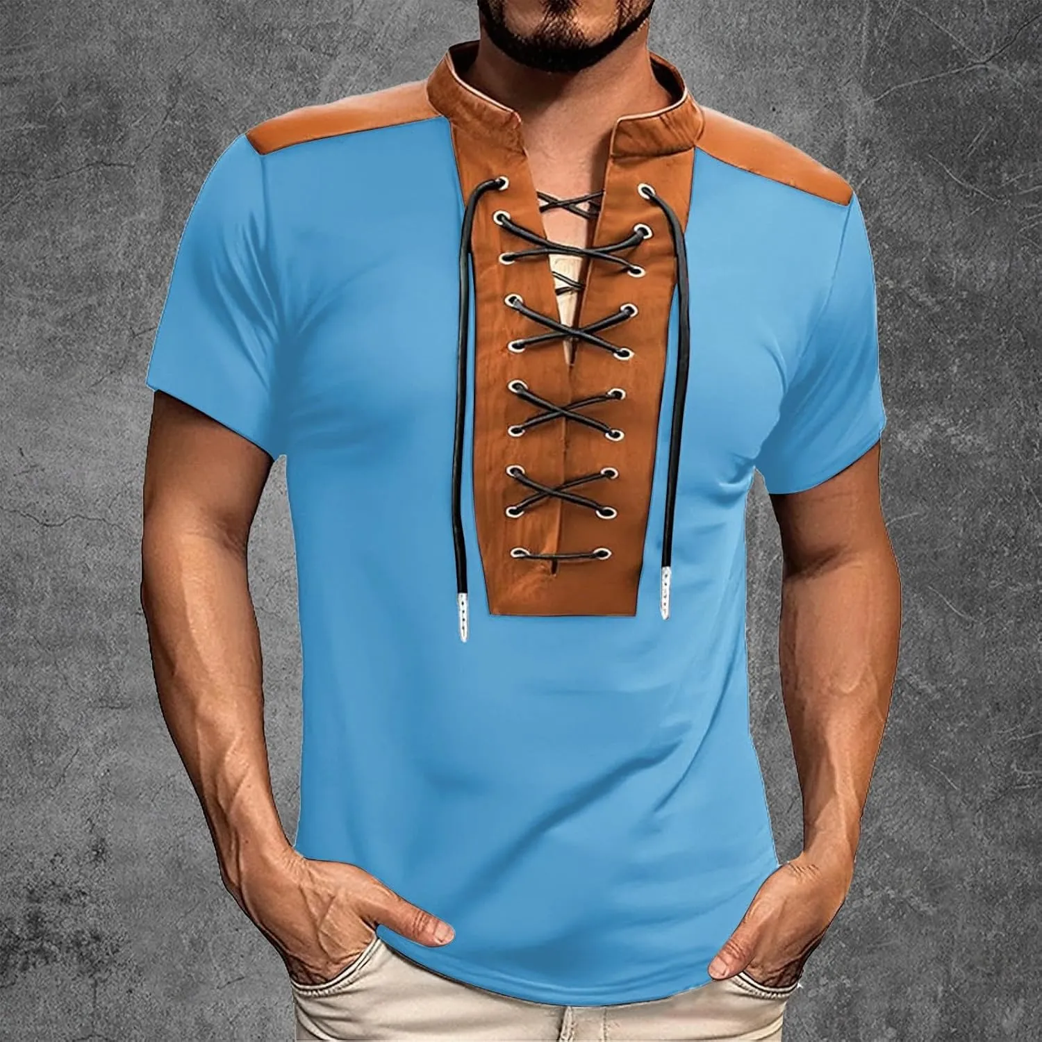Mens Short Sleeve Polo T-Shirts Retro Steampunk Lace-up V Neck Shirt Athletic Patchwork Lightweight Pullover Tee Top