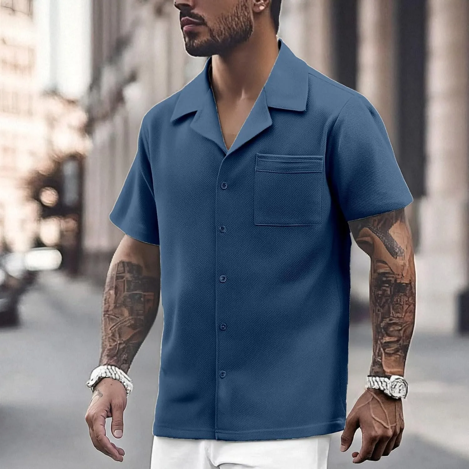 Men's Short Sleeve T-Shirt Slim Fit Knitted Casual Button Down Shirts Fashion Solid Color Plus Size Business Polo Shirt