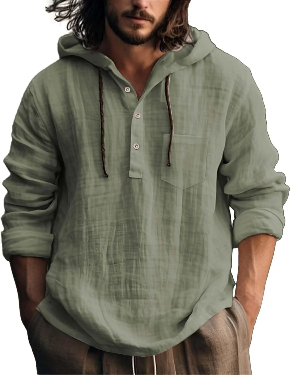 Mens Solid Color Long Sleeve Hooded Shirts Lightweight Quarter Button Hoodie Casual Hippie Cool Tops for Spring Fall
