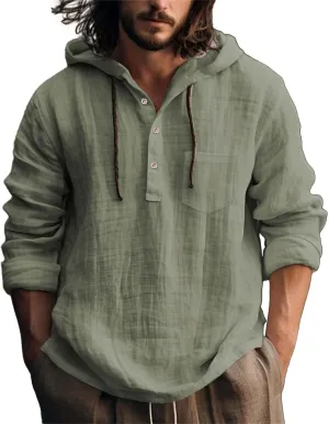 Mens Solid Color Long Sleeve Hooded Shirts Lightweight Quarter Button Hoodie Casual Hippie Cool Tops for Spring Fall