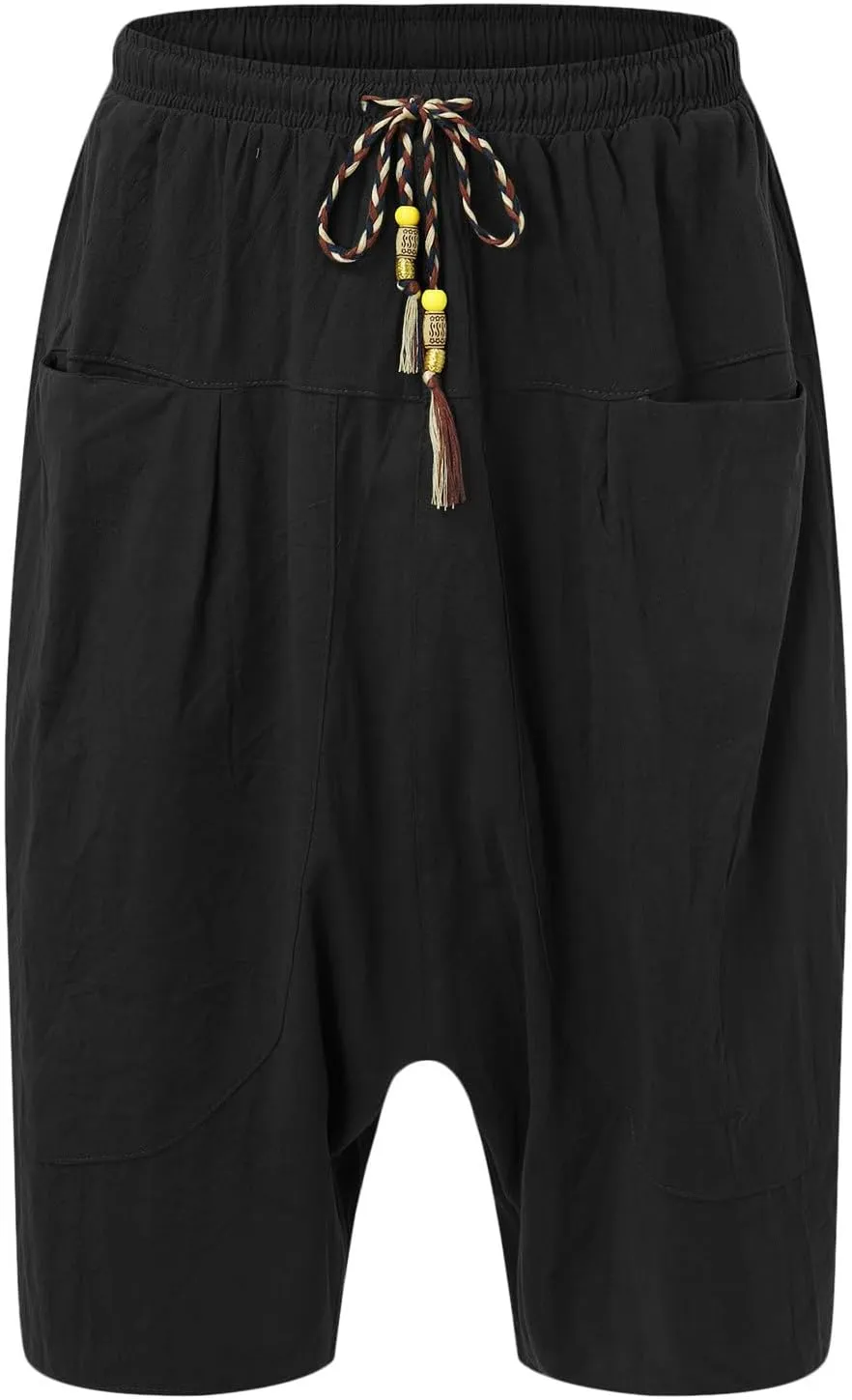 Mens Summer Fashion Casual Cotton Cropped Pants Loose Low Crotch Harem Pants Men's Big & Tall Athletic Shorts