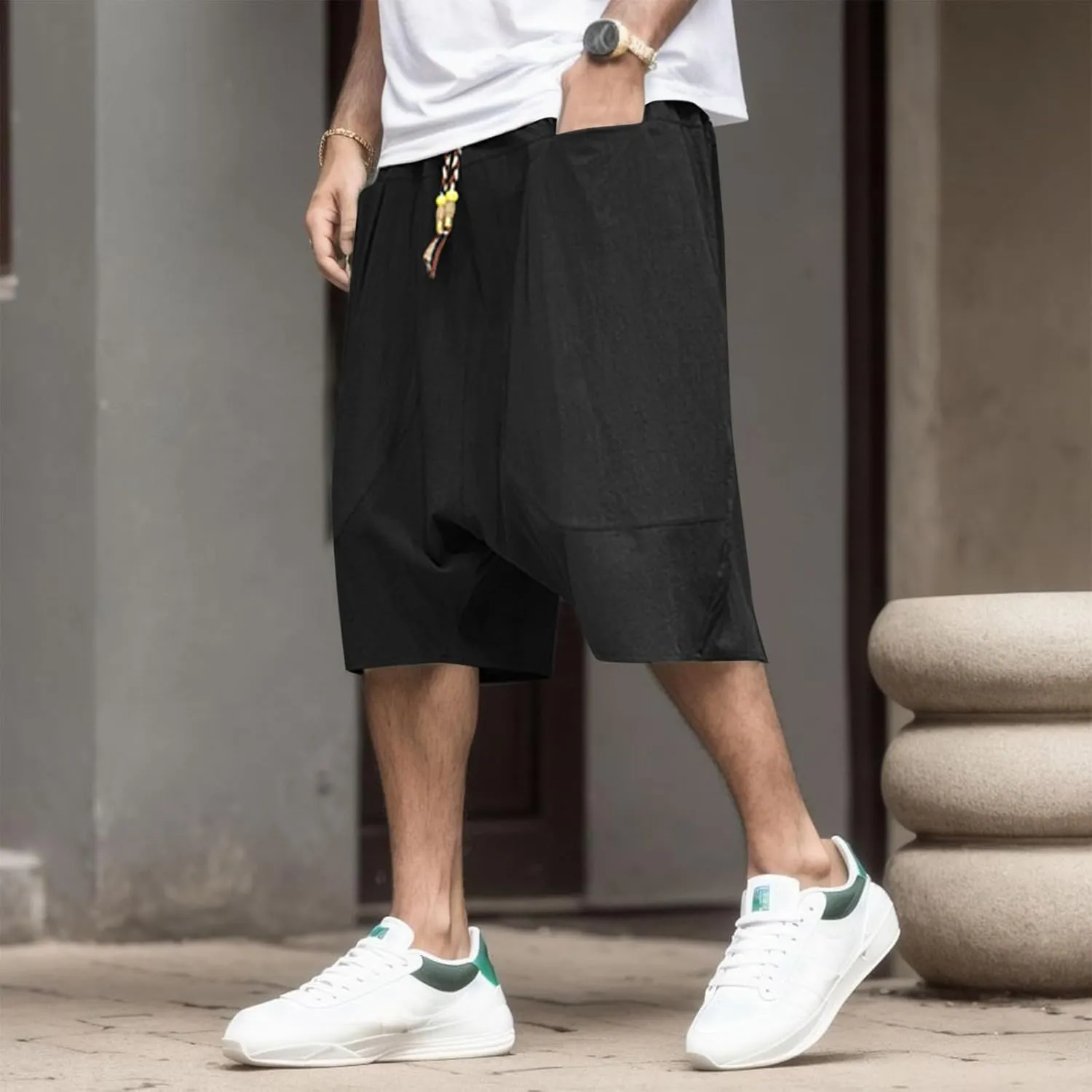 Mens Summer Fashion Casual Cotton Cropped Pants Loose Low Crotch Harem Pants Men's Big & Tall Athletic Shorts