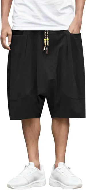 Mens Summer Fashion Casual Cotton Cropped Pants Loose Low Crotch Harem Pants Men's Big & Tall Athletic Shorts