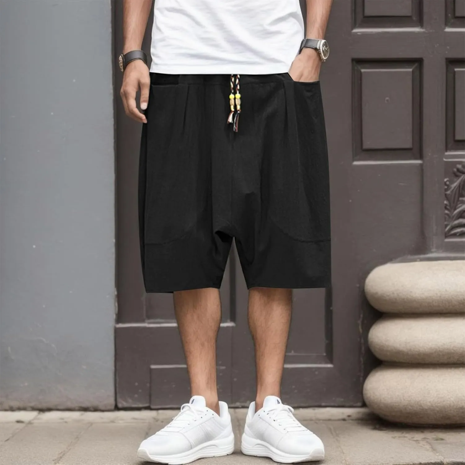 Mens Summer Fashion Casual Cotton Cropped Pants Loose Low Crotch Harem Pants Men's Big & Tall Athletic Shorts