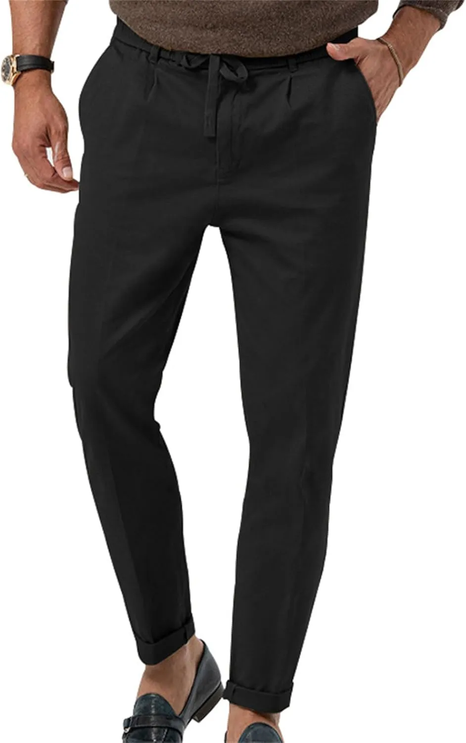 Men's Tapered Linen Pants Lightweight Breathable Casual Elastic Waist Slim Fit with Pockets for Beach Yoga Business