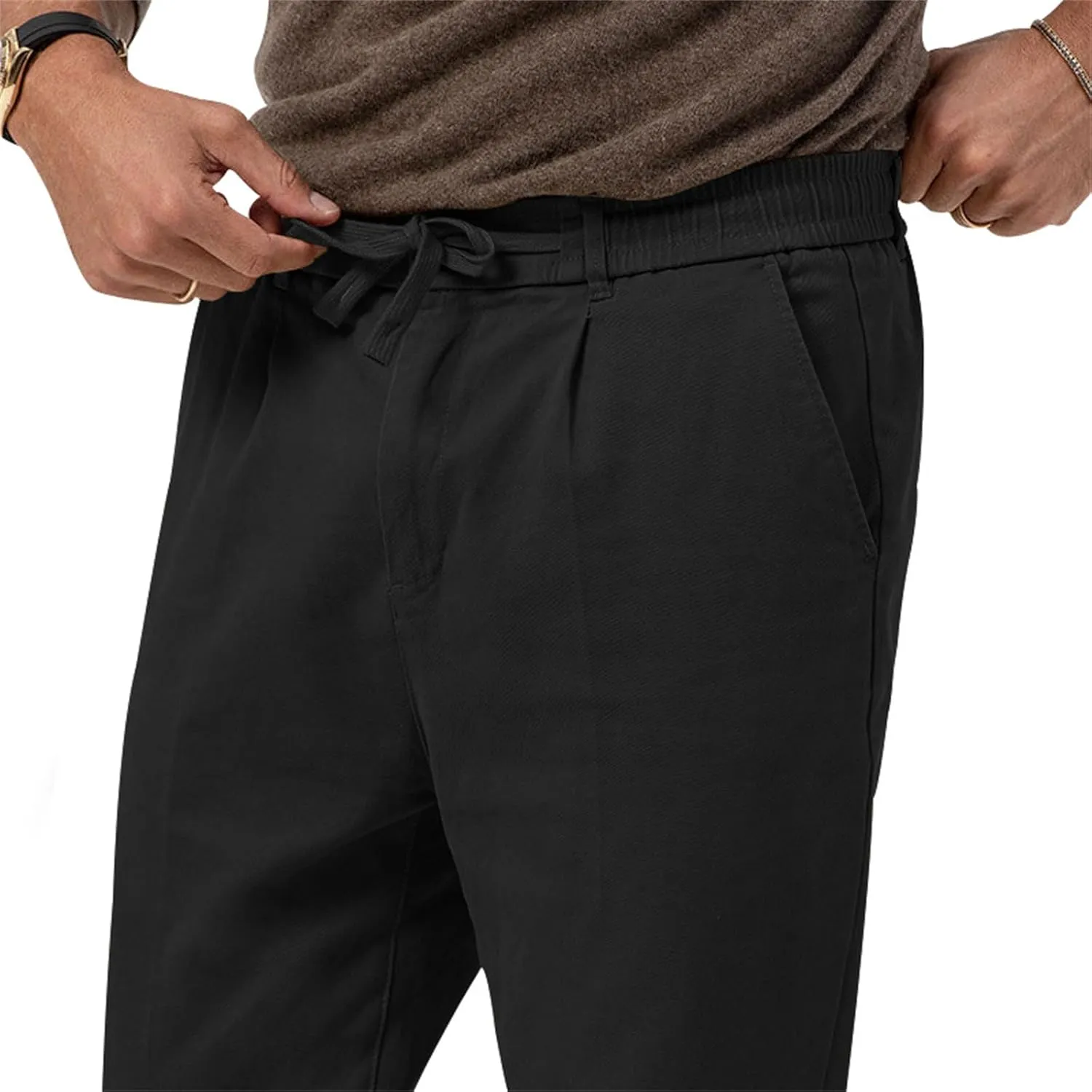 Men's Tapered Linen Pants Lightweight Breathable Casual Elastic Waist Slim Fit with Pockets for Beach Yoga Business