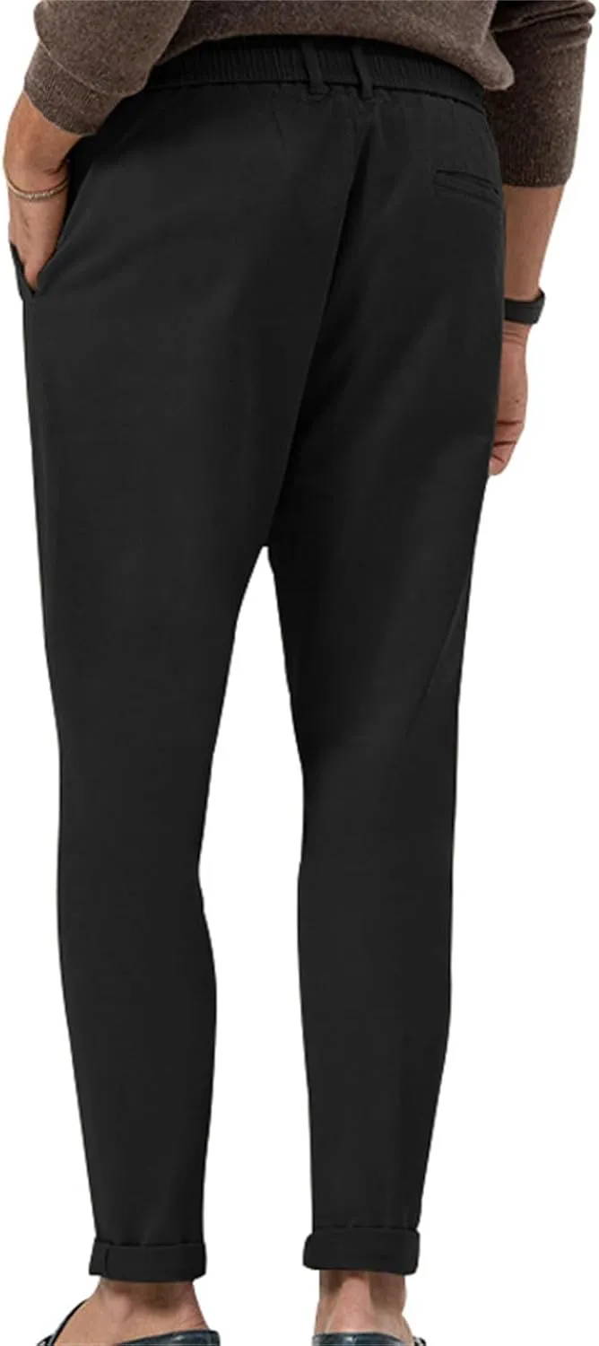 Men's Tapered Linen Pants Lightweight Breathable Casual Elastic Waist Slim Fit with Pockets for Beach Yoga Business