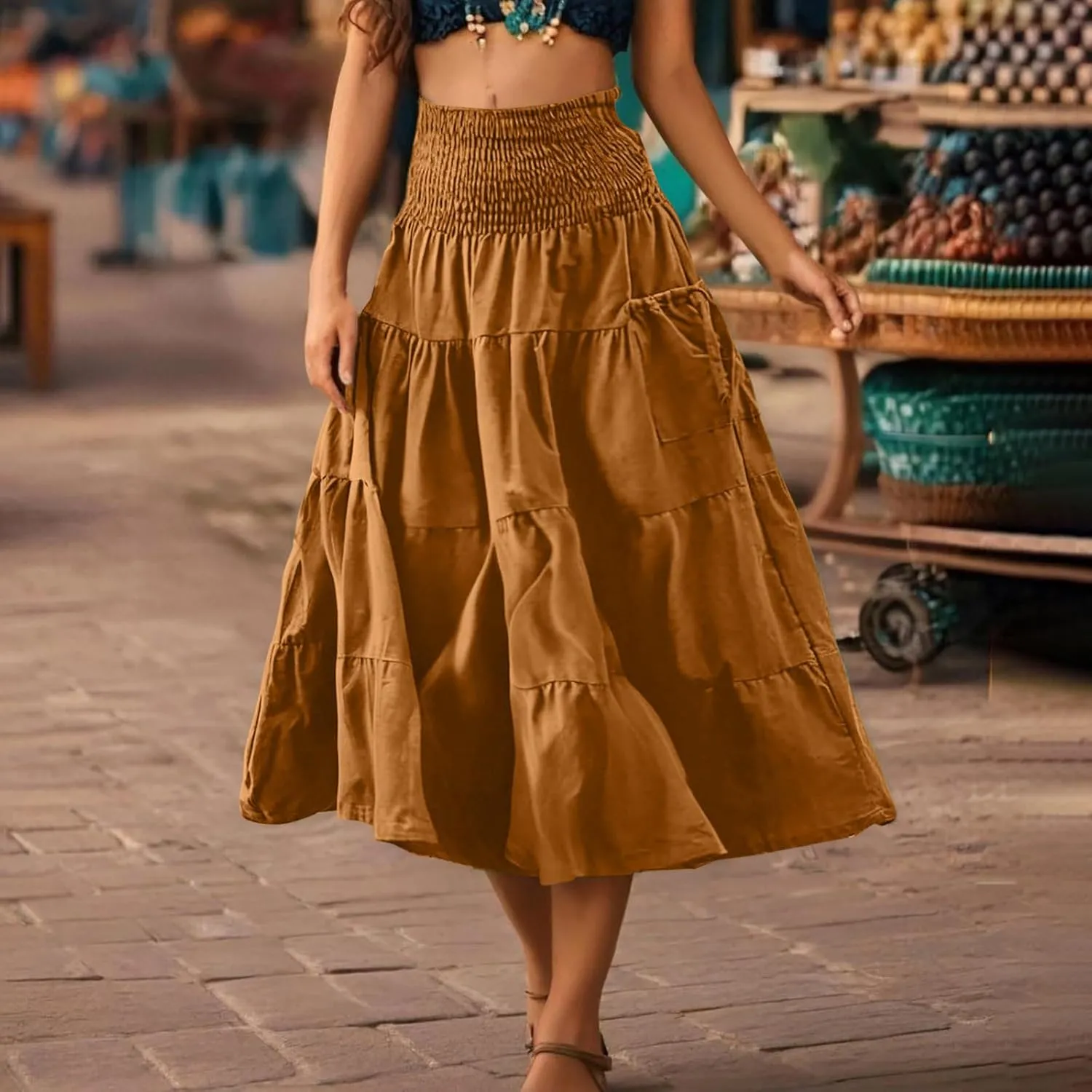 Midi Skirts for Women Pleated Tiered Long Flowy Skirt Elastic Waist Summer Boho Casual Loose Layered Ruffle Skirt