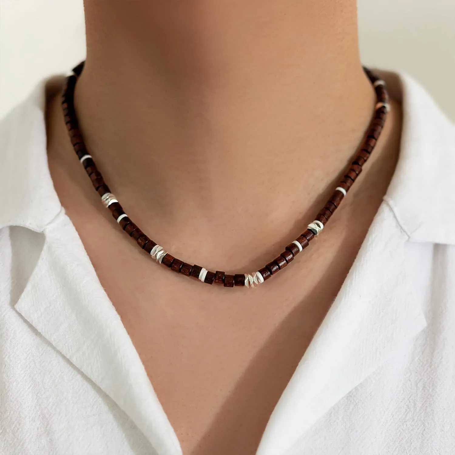 MIFYNN Surfer Necklace for Men Beaded Choker Necklace Puka Shell Necklaces Brown Coconut Wood Beads Necklaces Beach Surfer Jewelry Gift