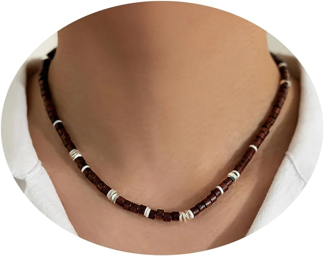 MIFYNN Surfer Necklace for Men Beaded Choker Necklace Puka Shell Necklaces Brown Coconut Wood Beads Necklaces Beach Surfer Jewelry Gift