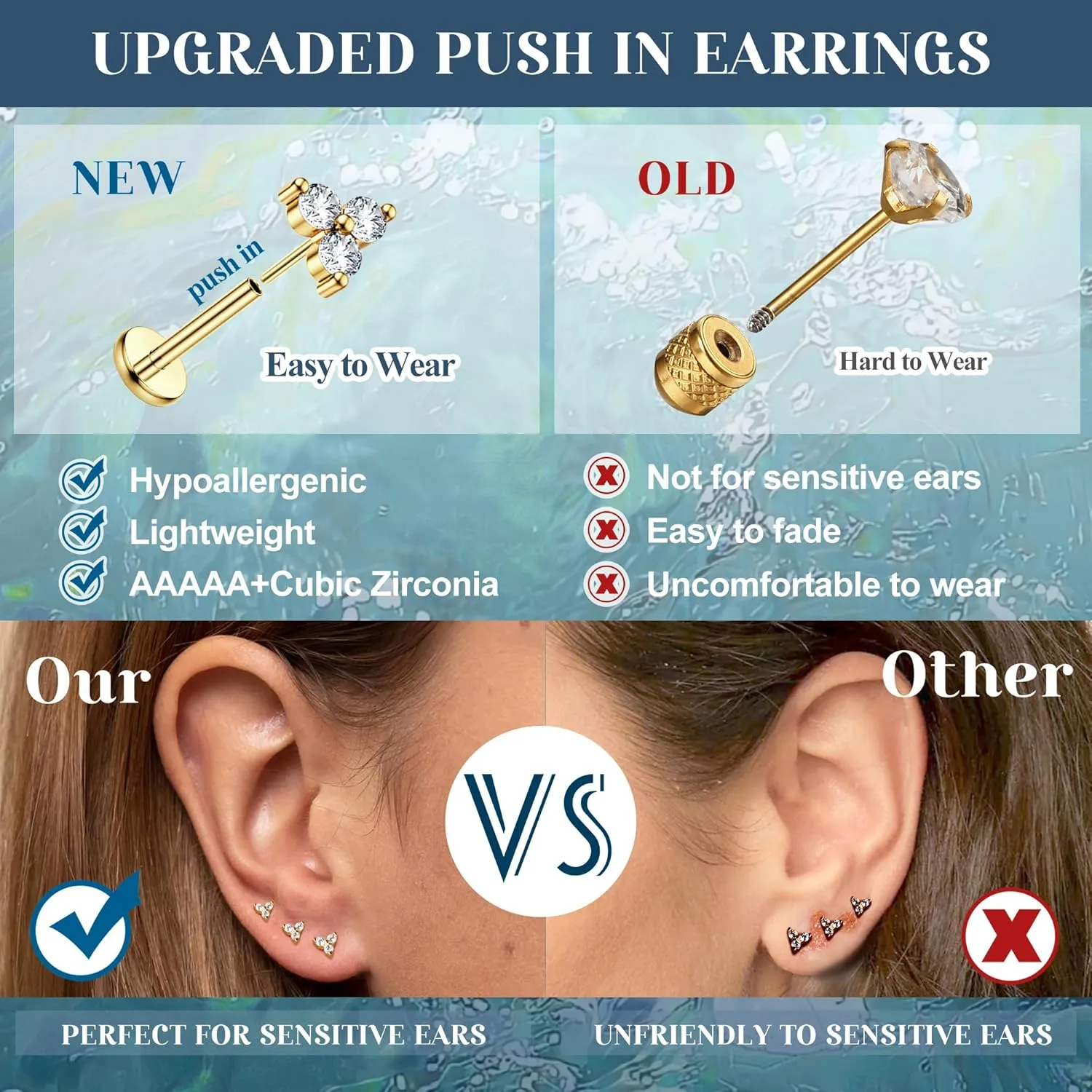 MILACOLATO 20G Threadless Flat Back Earrings Studs Hypoallergenic 316L Surgical Steel Push in Nose Rings 14K Gold Plated Nose Rings Studs Tragus Medusa Monroe Helix Labret Lip Nostril Cartilage Piercing Jewelry