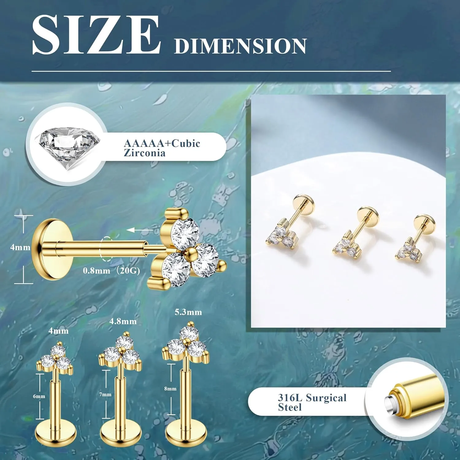 MILACOLATO 20G Threadless Flat Back Earrings Studs Hypoallergenic 316L Surgical Steel Push in Nose Rings 14K Gold Plated Nose Rings Studs Tragus Medusa Monroe Helix Labret Lip Nostril Cartilage Piercing Jewelry